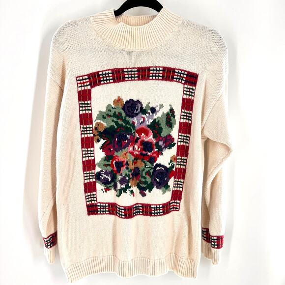 women's SM vintage floral intarsia mock neck sweater plaid off white pink purple - Picture 4 of 8